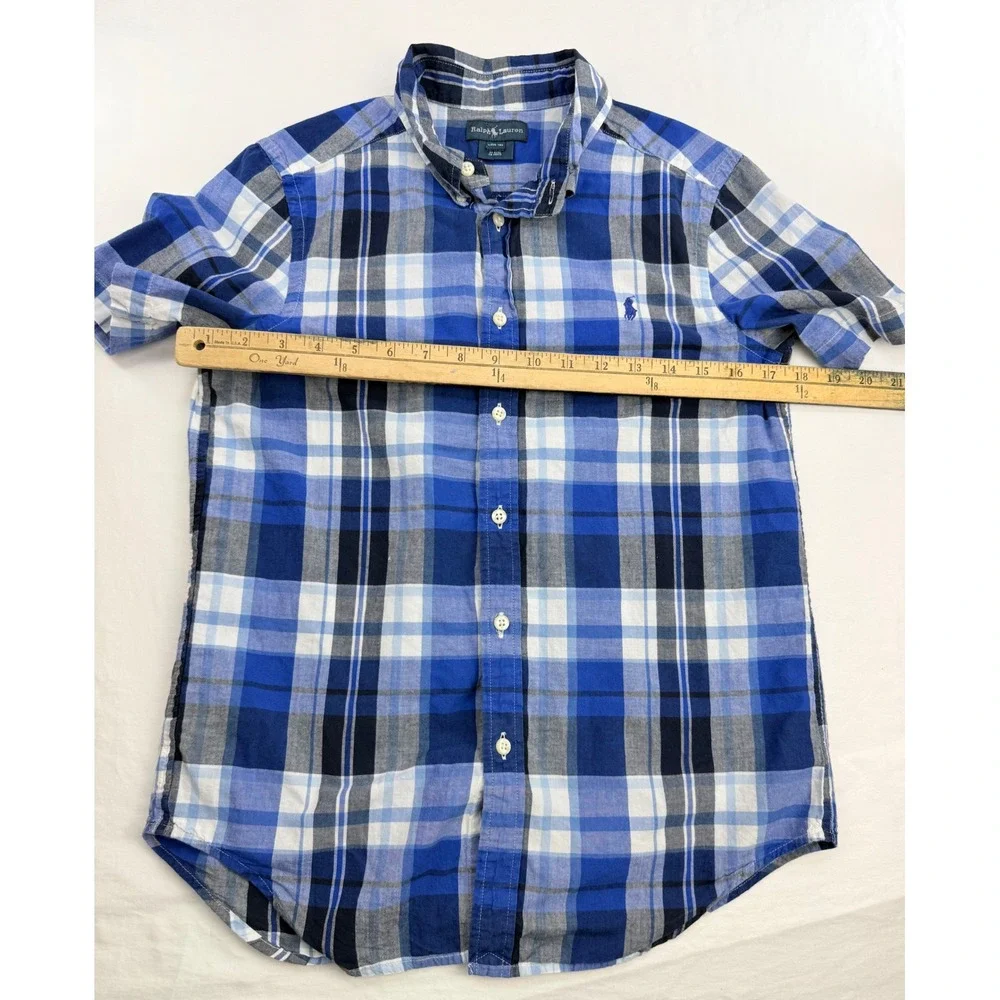Ralph Lauren Boys Blue White Plaid Short Sleeve Button Down Shirt Size L 14-16